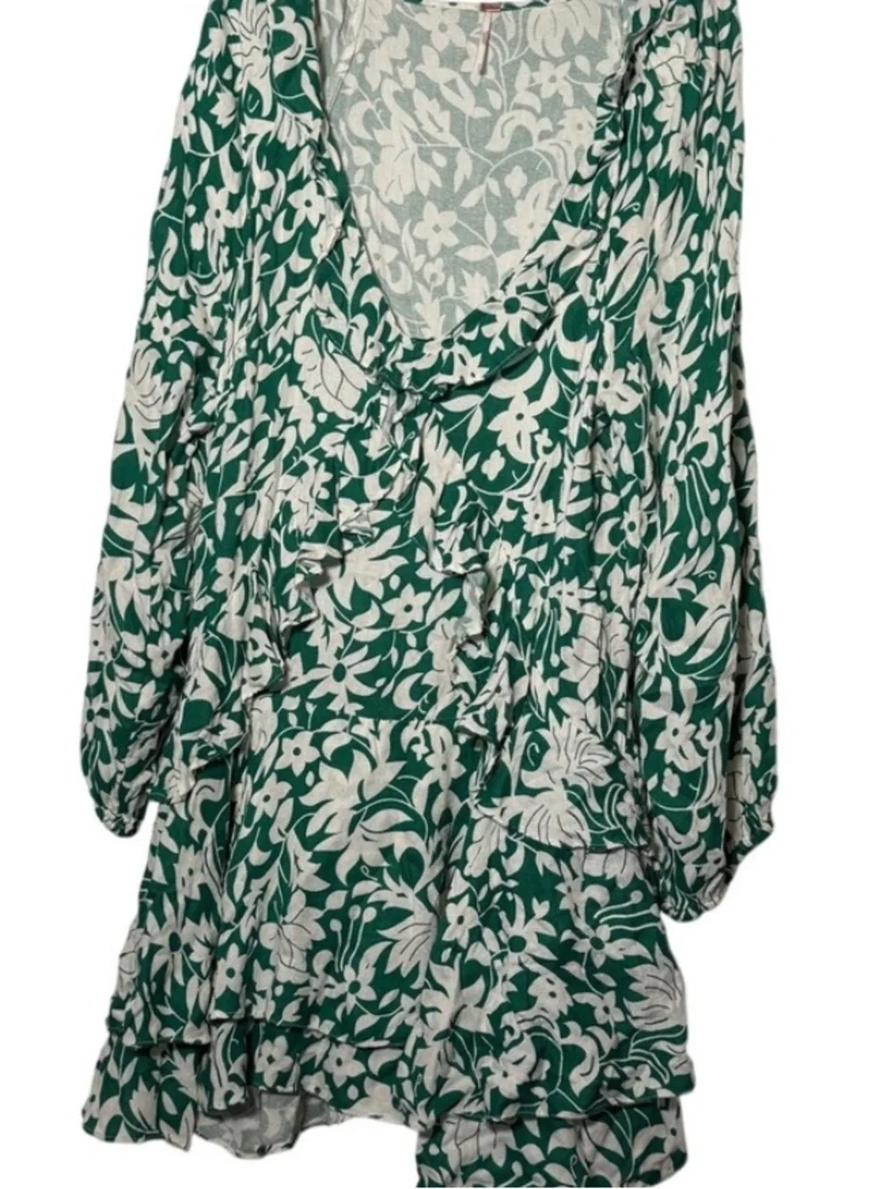 Free People XS Emerald Green & White Floral Ruffle Mini Dress NWT